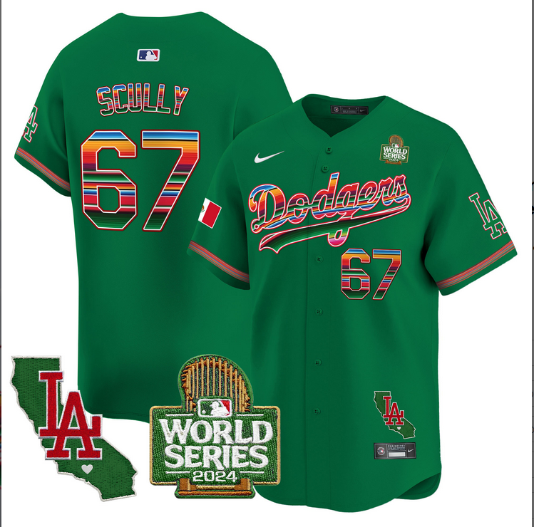 Men MLB Mexico Los Angeles Dodgers #67 Scully green 2024 World Series Champions Patch Jersey 2024110 style 2->los angeles dodgers->MLB Jersey